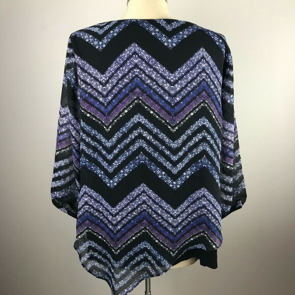 AB Studio Womens M Blouse Black Blue Chevron Stripe 3/4 Sleeve Polyester - Picture 7 of 8